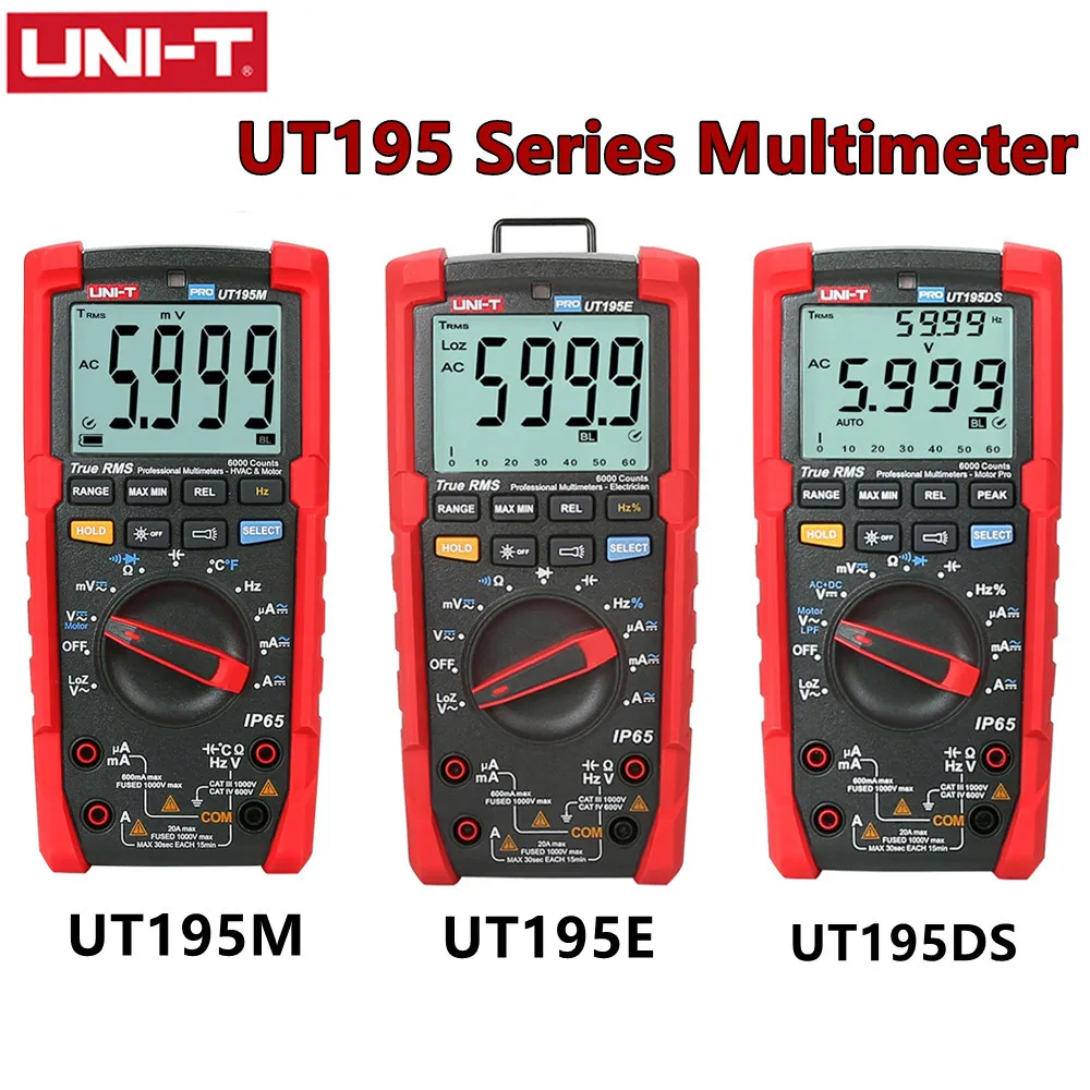

UNI-T UT195E/UT195M/UT195DS Professional Multimeter True RMS ACV 750V 5kHz bandwidth IP65 rating 2m drop proof CAT III 1000V