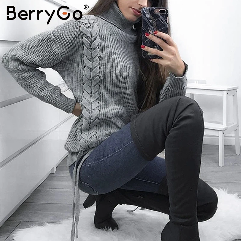 BerryGo водолазка с боковой шнуровкой вязаный свитер женский повседневный