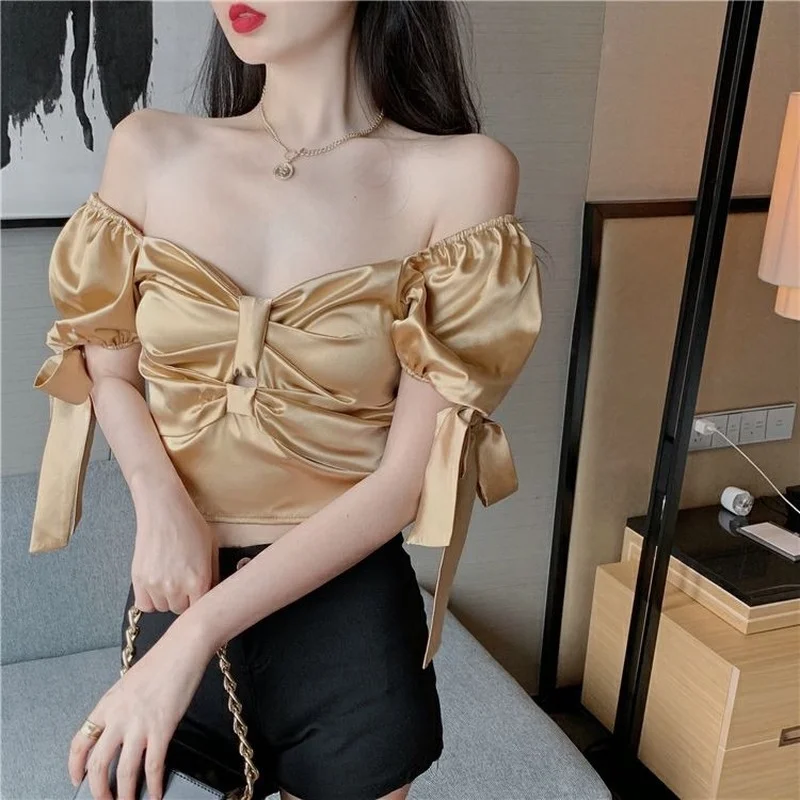 

Korean Sexy Kawaii Blouse Women Designer Bow Chiffon Sweet Crop Tops Shirt Female Sexy High Street Chic Beach Cute Blouse 2021