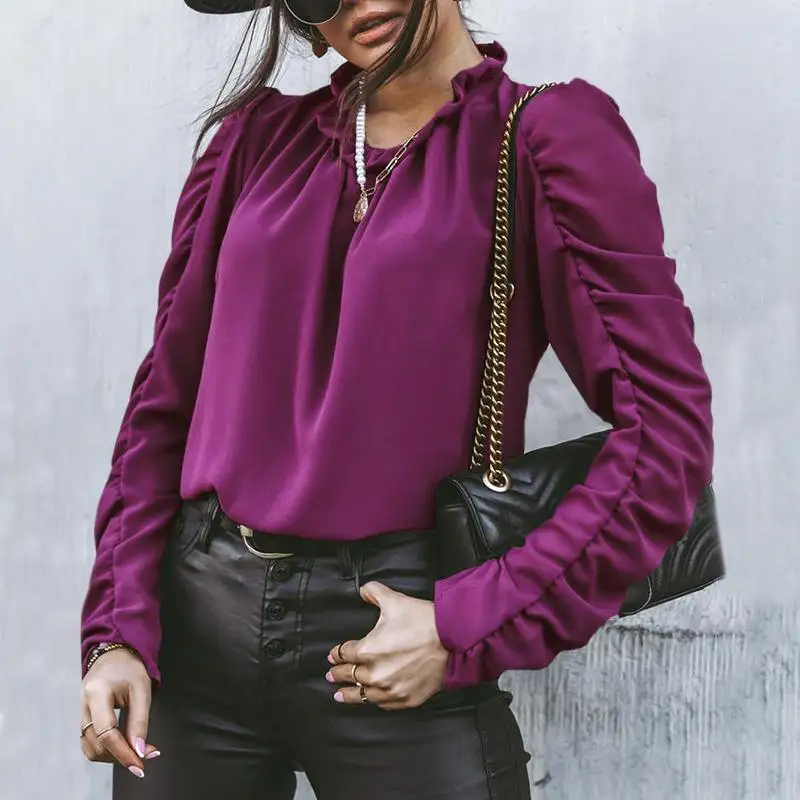 

2021 Fashion Pleated Sleeves Blouse Women Spring Autumn Pullover Ruffles O-Neck Office Work Blouse Solid Vintage Blouse Shirts