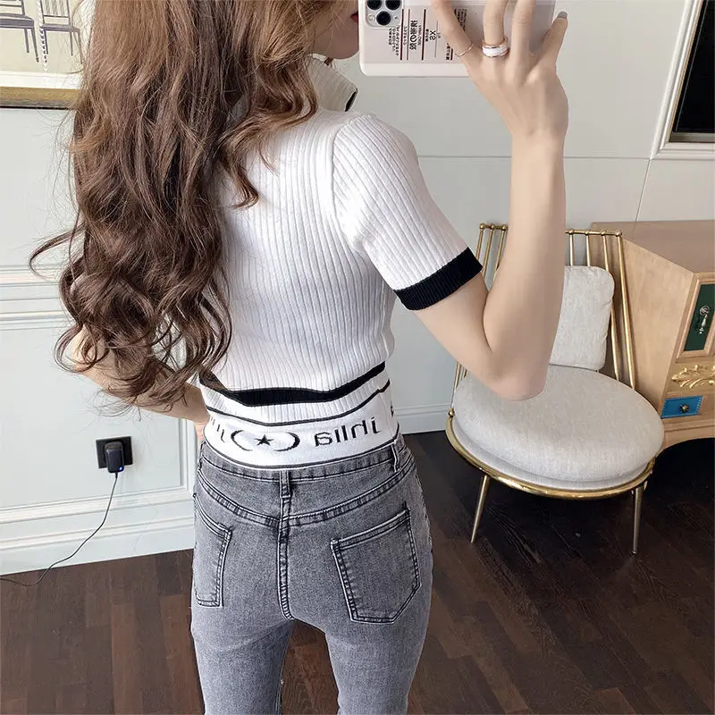 

Net red navel top women's summer 2021 new Korean zipper half high collar letter short slim short sleeve T-shirt