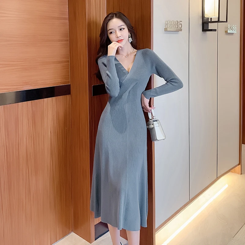 

sweater dress women thick Warm V-Neck Long Sleeve Knitted Dress 2020 Autumn Winter Elegant Female A-Line Slim Sexy Dresses