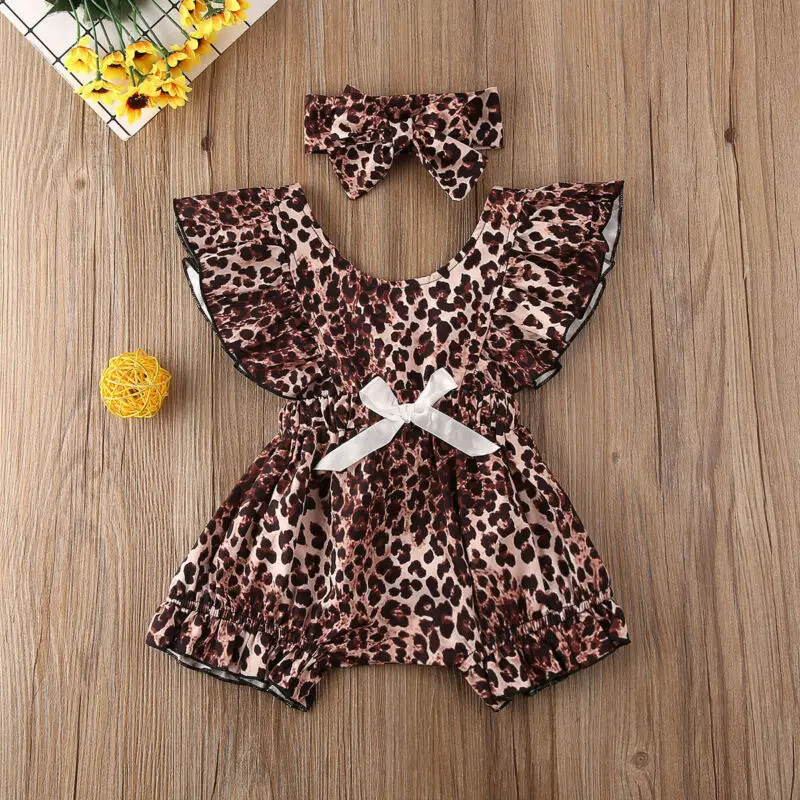 

Newborn Kids Girls Clothes Leopard Print Romper Jumpsuit Headband Outfits Clothes Set 0-24 months