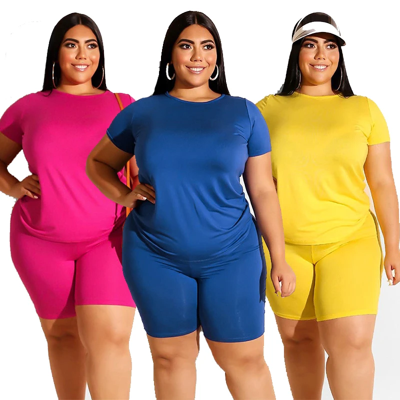 

Casual Plus Size Women Clothing Two Piece Set 4xl Wholesale Items Round Collar Short Sleeves Top Summer Shorts Sets Dropshipping