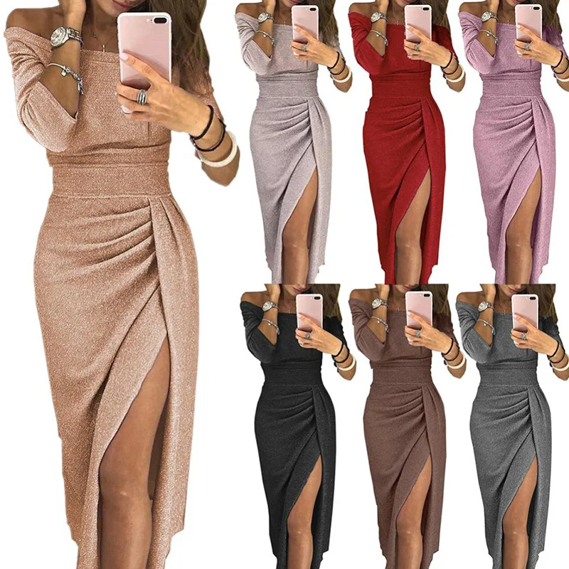 

Evening Party Long Dresses 2021 Spring Summer Off Shoulder High Waist Elegant Sexy Club Solid Women Tunic dress