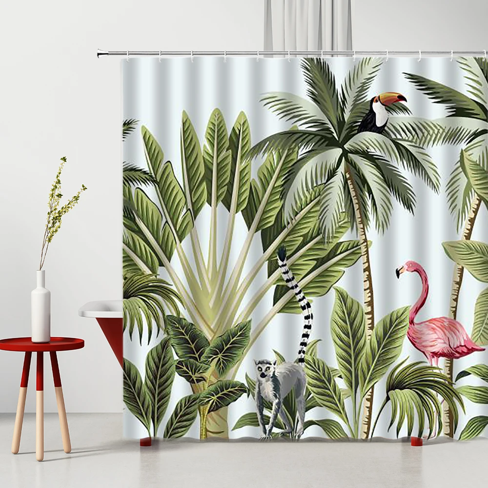 

Тропическая занавеска для душа с рисунком растений, кокосовое дерево, фламинго, птица, моющаяся занавеска для ванной комнаты, 3D занавеска дл...