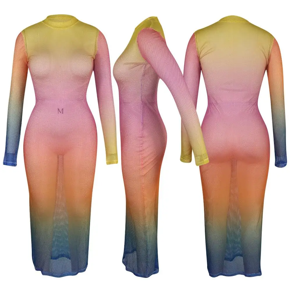 

Women Bodycon Casual Dress Long Sleeve Mesh Hollow Out Dress