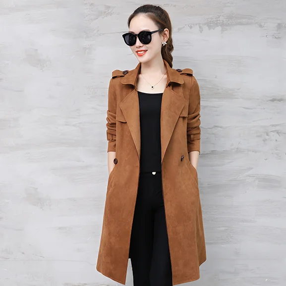Замшевый Тренч женское весеннее длинное пальто винтажное Женское с регулируемой