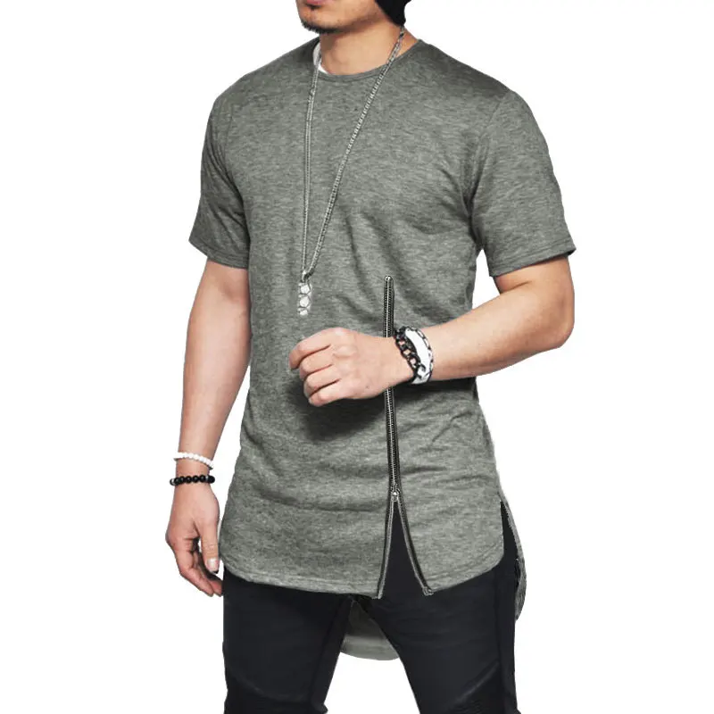 Streetwear Fashion Slim Summer Asymmetrical Men Short Sleeve zipper tshirt Hip-Hop Curved hem Cotton Men's T-Shirts 2XL | Мужская