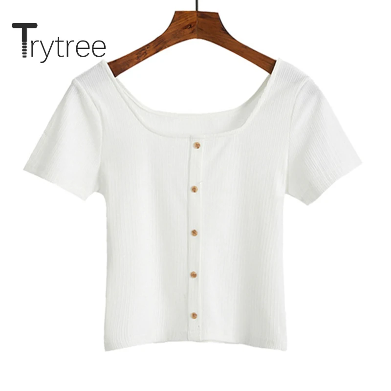 

Trytree 2020 Summer T-shirt Women Casual Square Collar Solid 6 Color Slim fit Sexy Fashion All-Purpose Style Short T-shirt