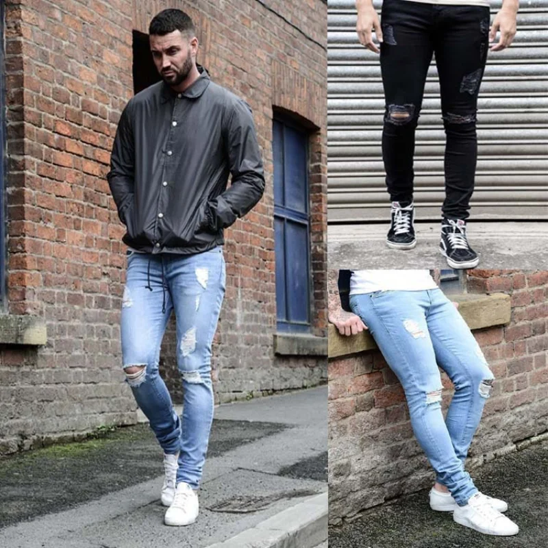 2021 European and American Men's Tight Solid Color Jeans High-end Fashion Brand Perforated Leggings Men's Wear