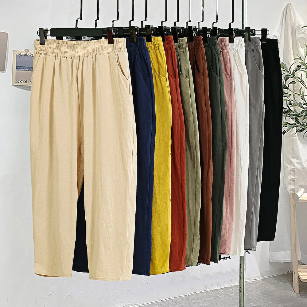 

2021 New Spring and Autumn Pure Cotton High Waist Large Size 4XL Ninth Pants for Woman 12 Color Optional Comfort Casual Pants