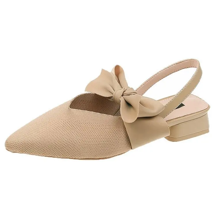 

Med Bow Shoes 2021 Summer Low Sandals Woman Leather Suit Female Beige Medium Low-heeled Closed Pointed Open New Black Comfort Fa