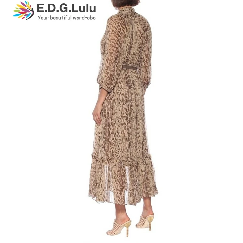 

EDGLuLu Women Summer Spring Ladies Casual Boho Long Leopard Dress Loose O Neck Lace-up Bow Beach Party Dresses Vestidos 1013