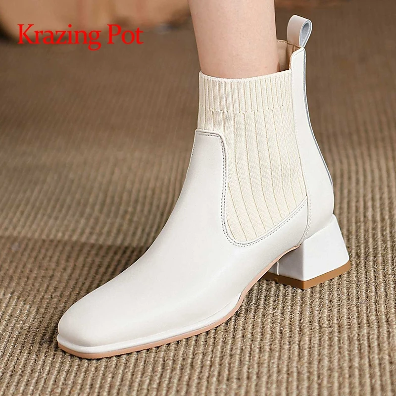 

Krazing Pot Korean street Chelsea boots square toe med heel winter keep warm beauty lady dating slip on basic ankle boots L1f5