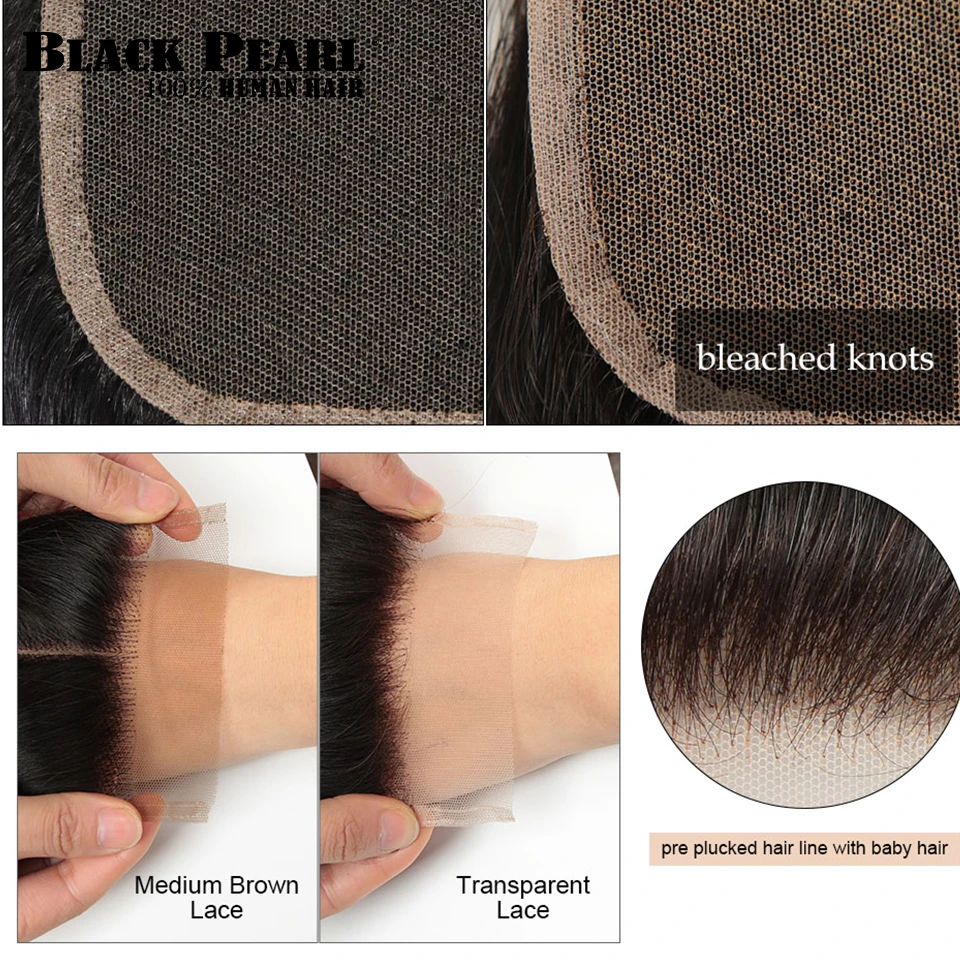 

black pearl Bundles with closure Bleached knots brazilian body wave remy human hair bundles with transparent lace closure