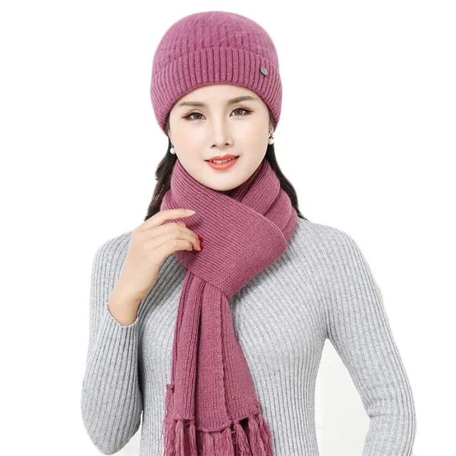 pi pink set 1 Новая зимняя женская шапка из кроличьего меха, шарф, набор, теплая шерстяная вязанная плюшевая наборы шарф шапка, вязаная шапка, шапка для мамы, подарки, твист, флисовая шаль - Цвет: pi pink set 1