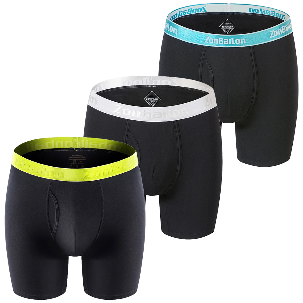 Jinsh Black 3 Pack Men's Long Leg Boxer Briefs No Ride Up Bamboo Breathable Open Fly Underwear Size M-3XL