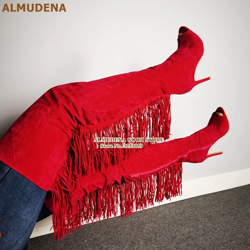 ALMUDENA/Лидирующий бренд, европейский стиль, коричневые замшевые сапоги выше колена с бахромой высокие сапоги до бедра на массивном каблуке с бахромой пикантная обувь гладиаторы