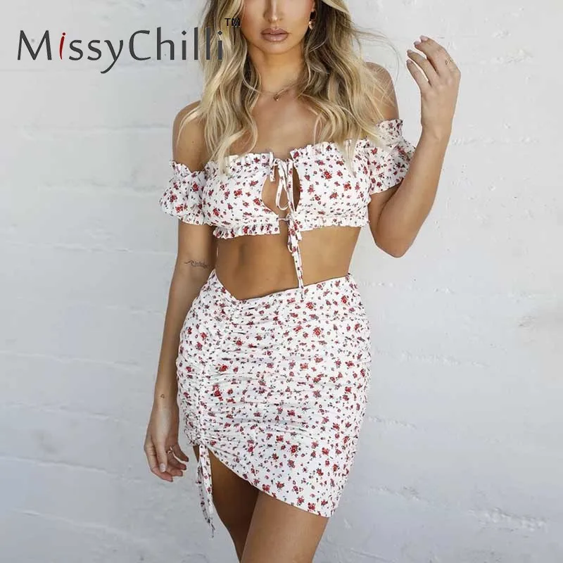 MissyChilli, комплект из 2 предметов, с открытыми плечами, на шнуровке, с цветочным принтом, платье для женщин, с вырезами, на завязках, сексуальное Плиссированное Платье для вечеринки, Новинка