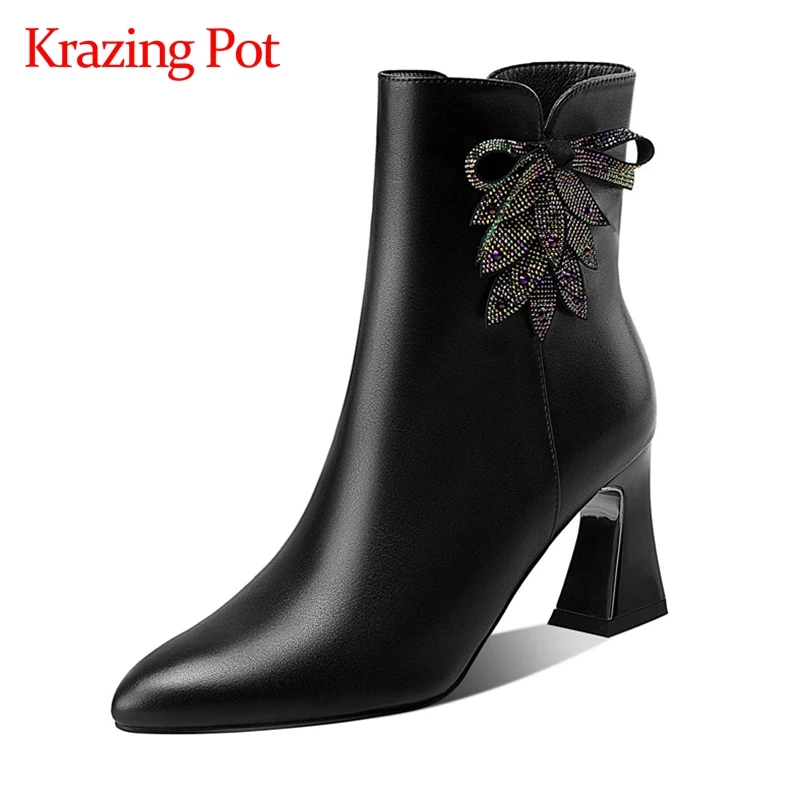 

Krazing pot big size cow leather top quality handmade short boots pointed toe high heel mature young lady casual ankle boots L73