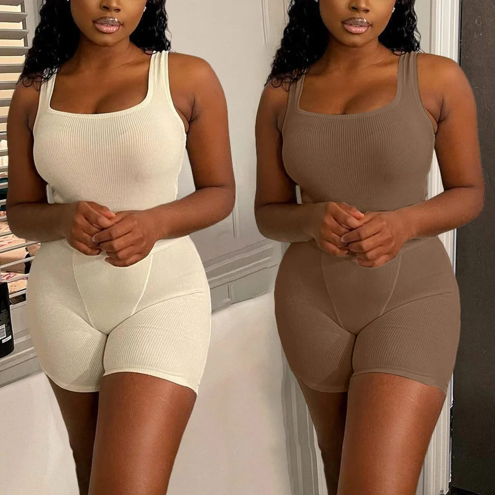 

2021 European And American Women'S Summer New Style Ripped One-Shoulder Corset Shorts Shorts Sleeveless Solid Color Jumpsuit