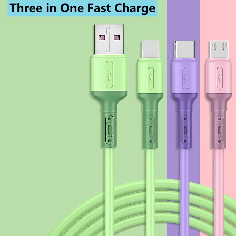 

USB Cable is Suitable For iPhone 12 11 Pro Max X XR XS 8 7 6 Micro TypeC Mobile Phone 3 in1 Fast Charging Liquid Silicone Cable