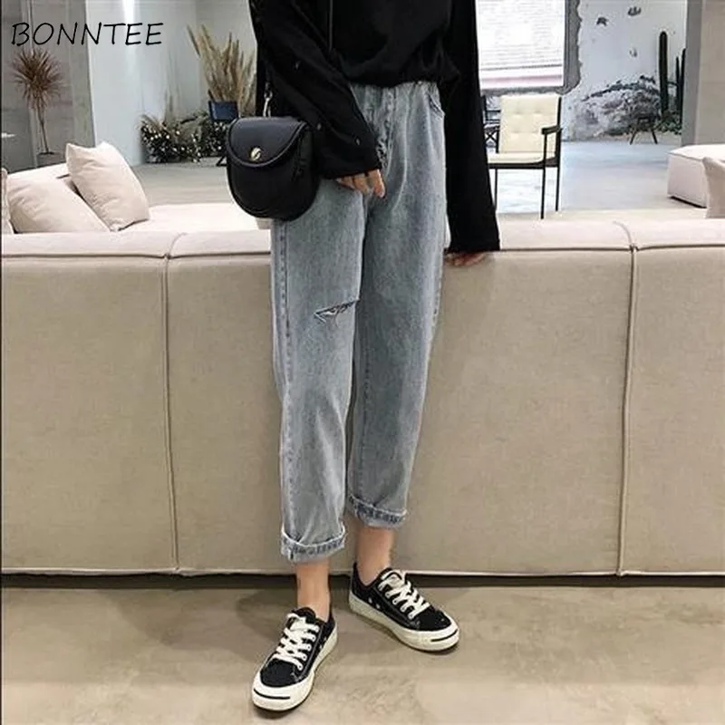 Рваные джинсы женские классические однотонные синие джинсовые брюки с дырками и