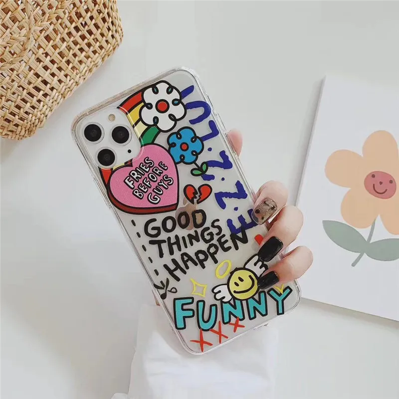 Чехол для телефона с граффити сердечками радужными цветами и буквами Iphone 11 Pro Max X