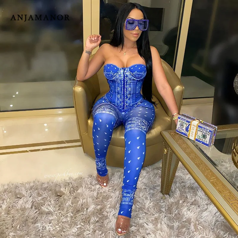

ANJAMANOR Bandana Money Corset Top One Piece Jumpsuit Sexy Club Outfits for Women Fashion Bodycon Rompers D87-DZ18