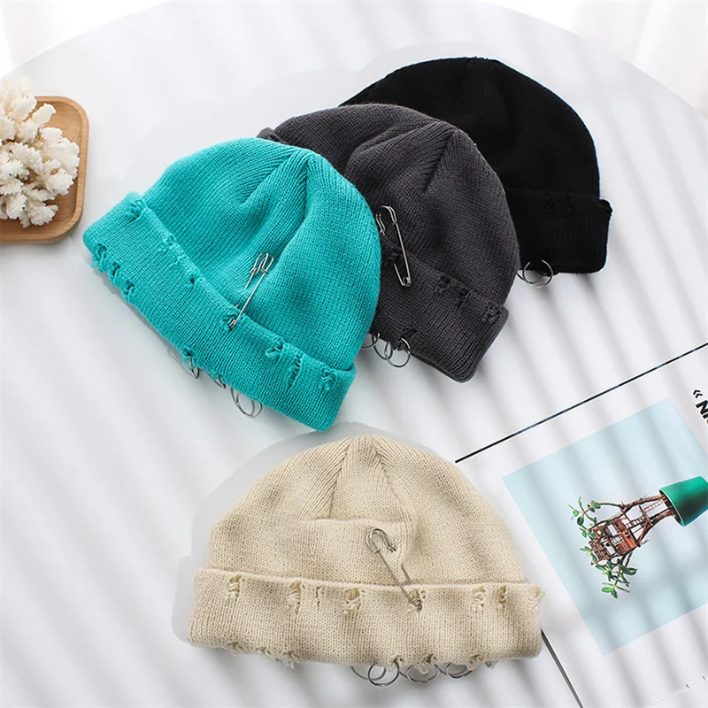 

Winter New Harajuku Beanies Knitted Hat Women Fashion Warm Thick Gorro Men Hip Hop Pin Hole Skullcap Short Hat Unisex Basic Cap