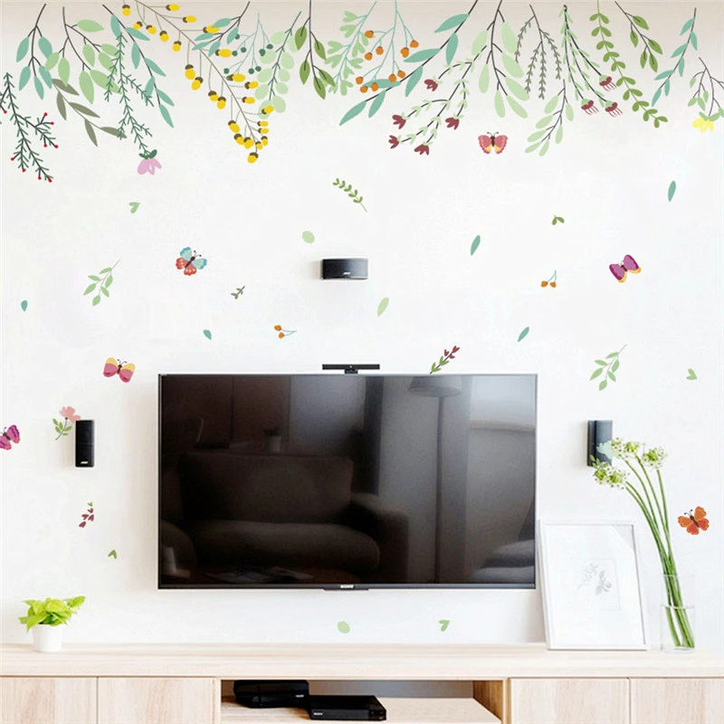 

Charming Flower Branch With Butterfly Wall Stickers For Tv Background Living Room Home Decoration Diy Plant Mural Art Pvc Decals