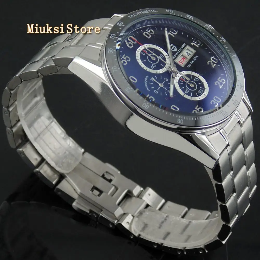 Pagani design 42mm mens top watch silver case black dial multifunction quartz chronograph tachymeter |