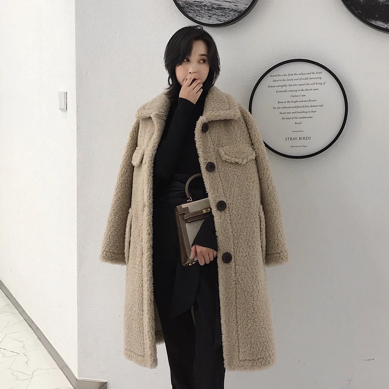 Настоящее женское длинное корейское однотонное теплое шерстяное пальто зимняя