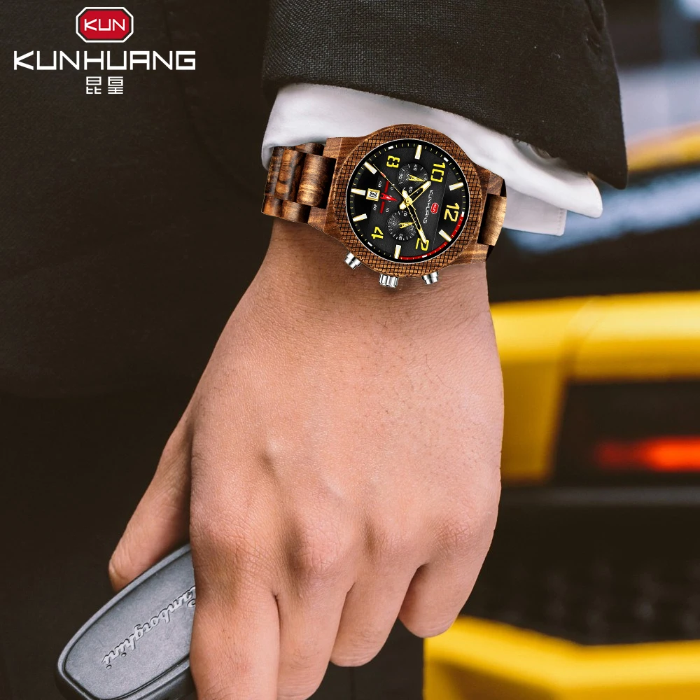 Мужские деревянные часы Военный Спортивный Хронограф светящийся показ даты