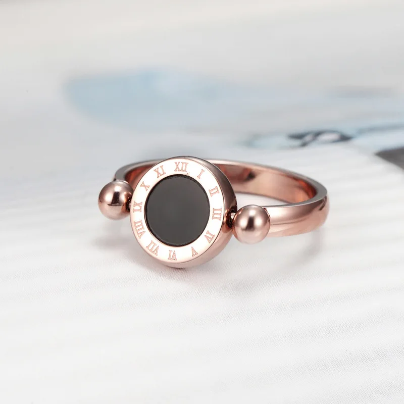 

Classic Design Can Be Rotated Enamel and Shell Roman Numeral Elegant Woman Ring Stainless Steel Ring Charm Women Party Jewelry