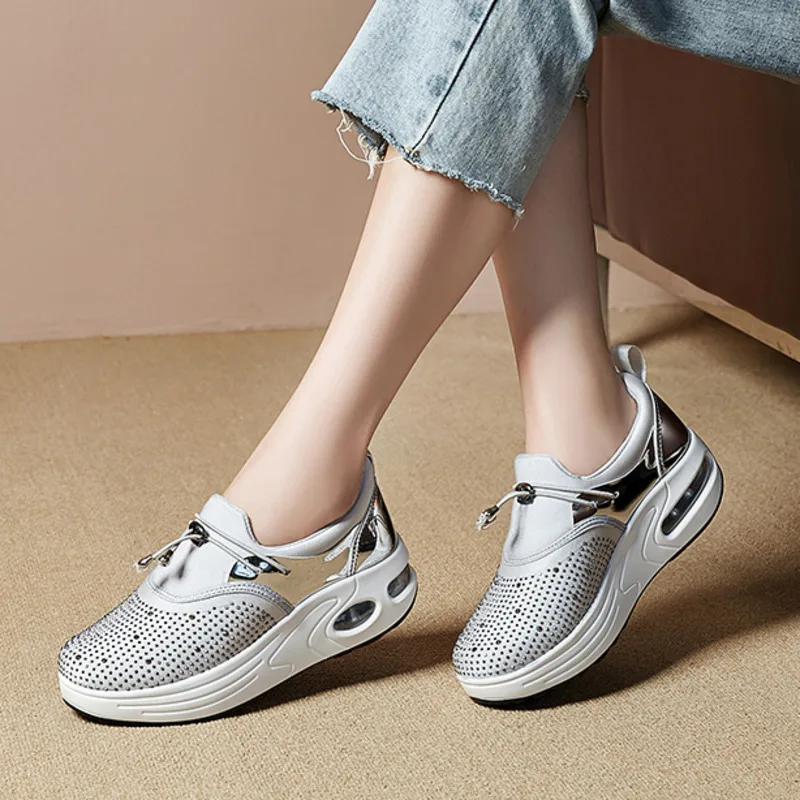 

Spring Autumn Women Shoes Air Cushion Breathable Mesh Rocking Shoes Soft Slip On Wedge Platform Sneakers Heighten Slimming Shoes