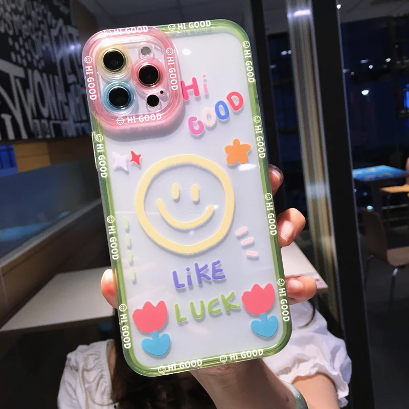 Cute Cartoon Smile Flower Clear Phone Case For iPhone 14 Pro Max 13 12 11 X XS XR 7 8 Plus Couple Transparent Shockproof Cover