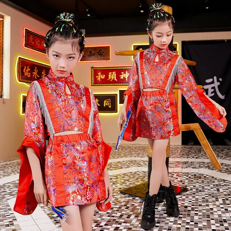 

Multi Colors Girls Hiphop Costumes Jazz Performance Clothing Chinese Style Print Celebrate Party Outfit Ballroom Dress DNV14022