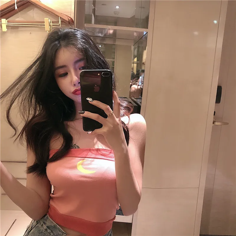 

Hot Girl Sexy Bandeau One-Shoulder Women's Moon Print Vest Outer Wear Short Tube Top Beauty Back Underwear Summer