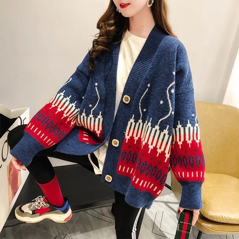 Spring And Autumn Women's Harry Style Cardigan Stitching Button Loose Cardigan Jacket Ladies Cardigan Mujer Fashion Knit Sweater