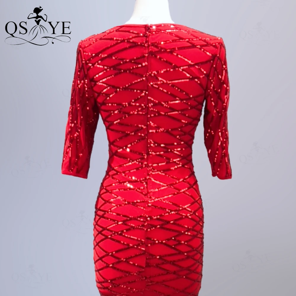 

Red Evening Dresses High Neck Long Sleeves Prom Gown Fish Tail Elegant Formal Dress Bright Fit Women Sequin Dress Vestido