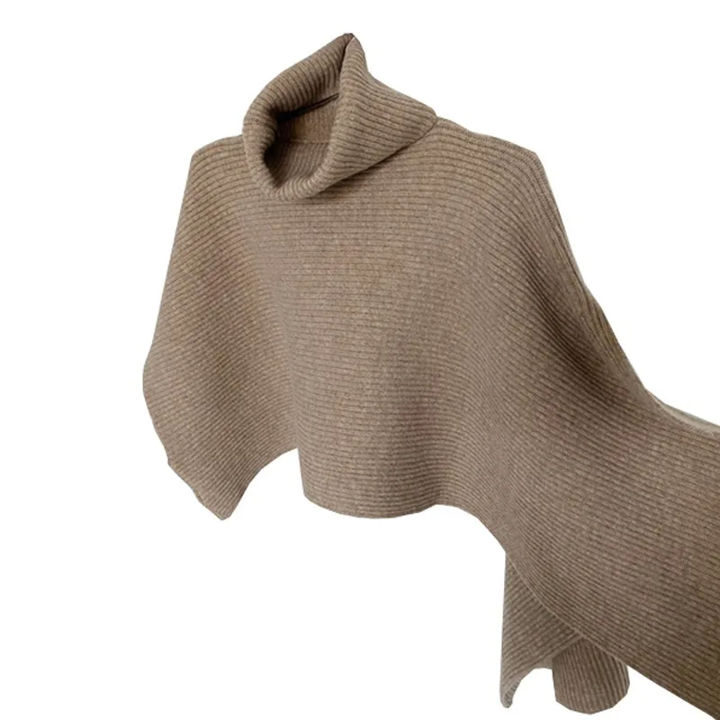 

2021 Women Turtle Neck Loose Long Sleeve Asymmetrical Pullover Winter Pull Knitting Minimalist Solid Color Cloak Sweater Mujer