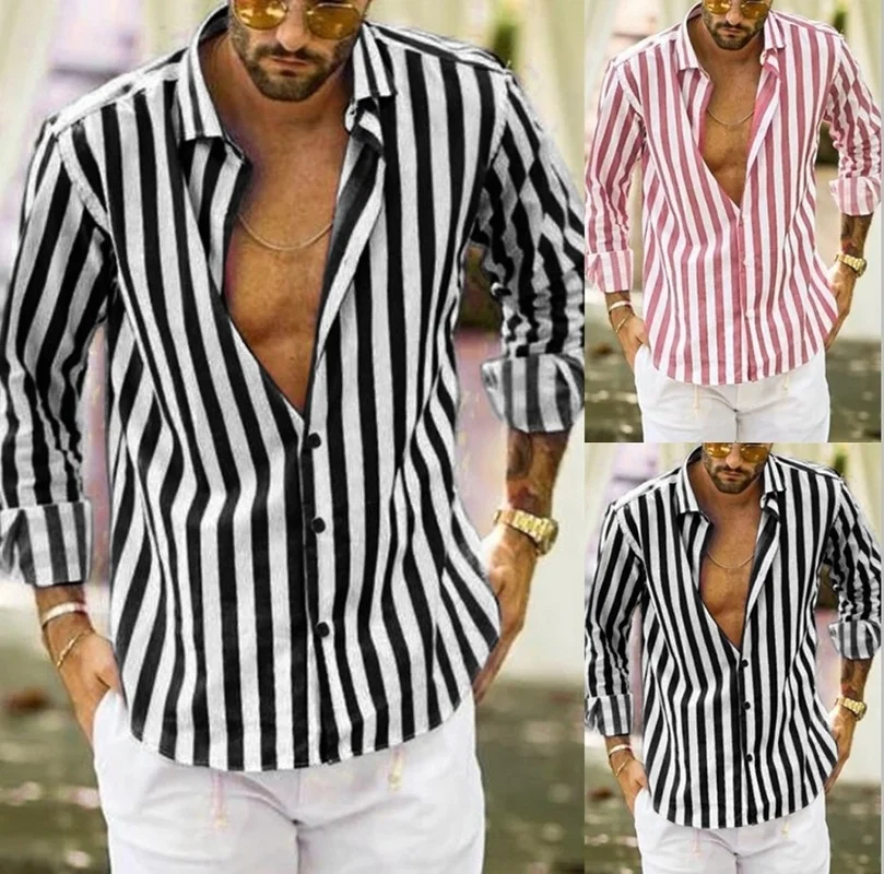 

QIWN Men Shirts 2021 Spring Summer Long-Sleeved Striped Shirt Pink Blouse Casual Fashion TOP Slim Light Fabric Cardigan Hawaiian