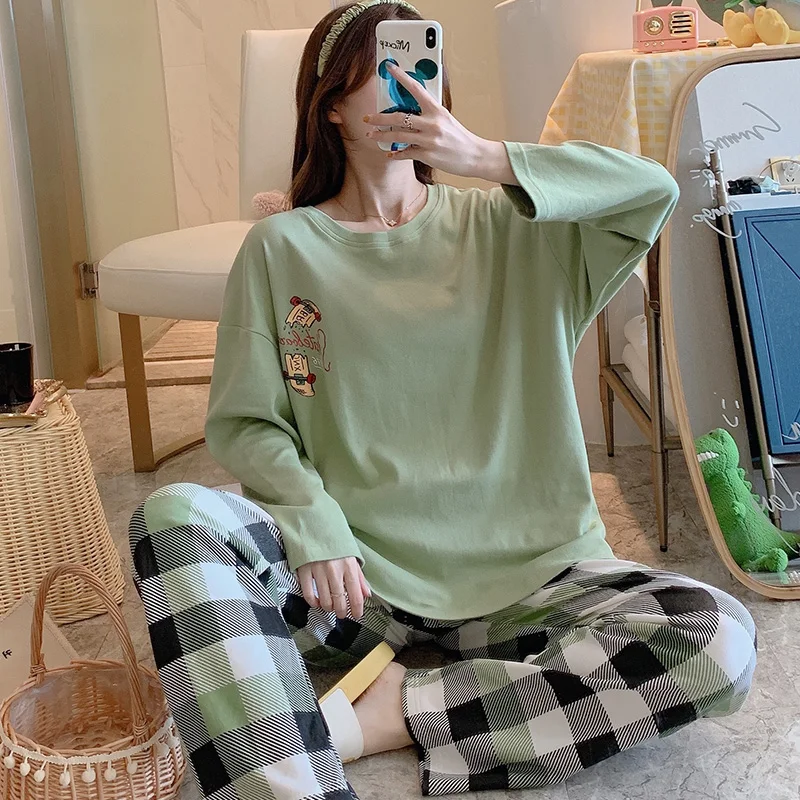 

Plaid Pants Skateboard Cotton Pajamas Women's Spring Fresh Long-Sleeved Homewear Suit Summer and Autumn Winter