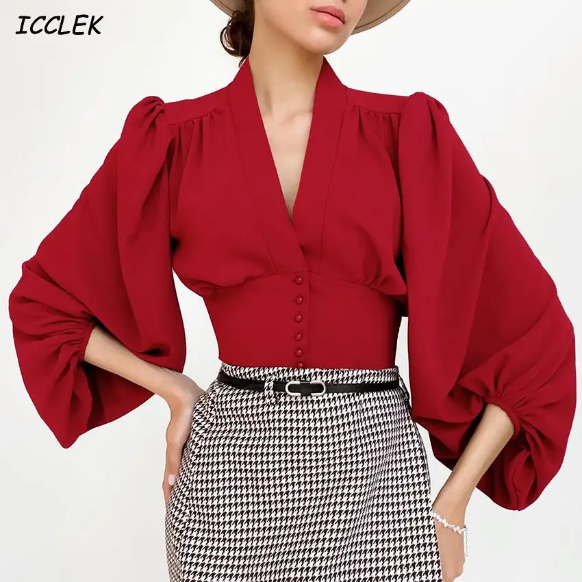 

Blouse Women Elegant White Crop Top V-neck Latern Sleeve Blouse French Style New Design Spring Fashion Woman Solid Blouses 2022