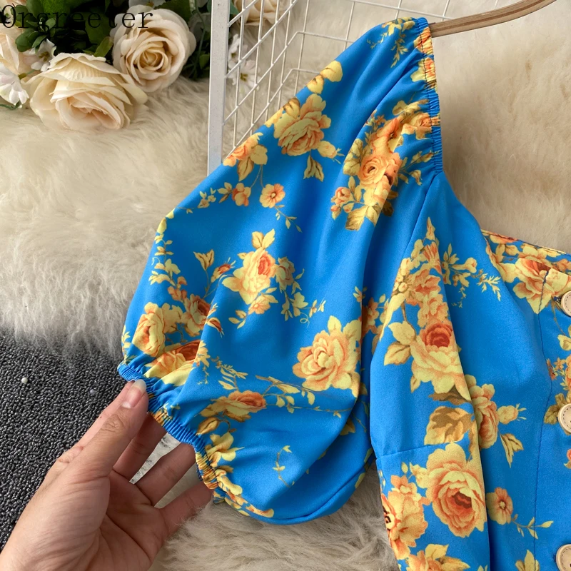 

Seaside Holiday Printed Jumpsuit Women's Sexy Square collar Backless Puff sleeve Slim Short Wide-leg Rompers&Playsuits