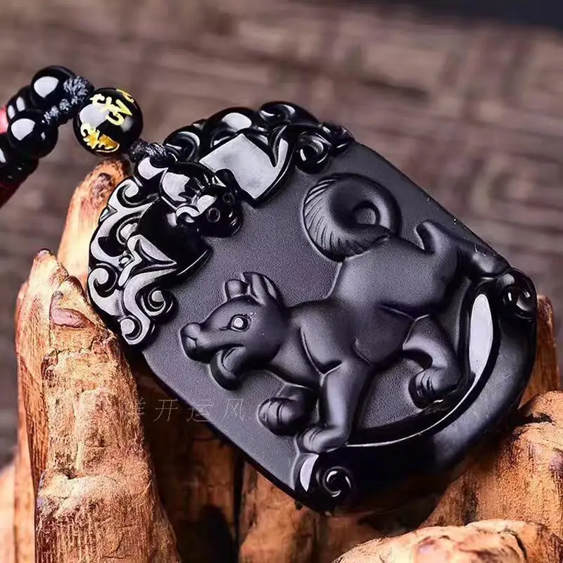 Натуральная Подвеска из черного обсидиана резной китайский талисман Зодиак