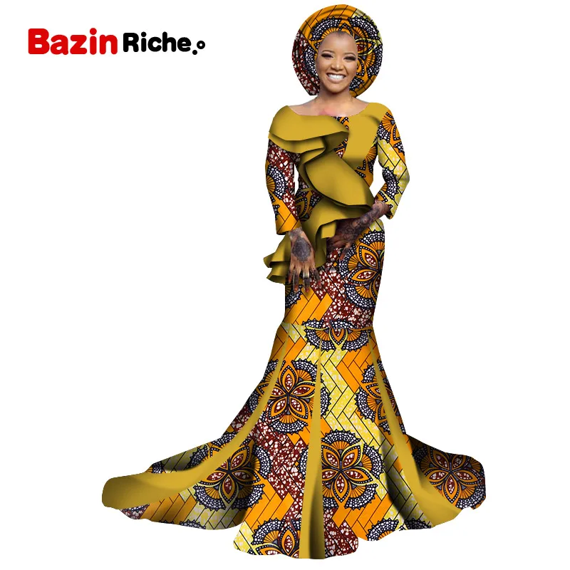 Gifted Headwrap Traditional African Women Clothing Floor-length African Wax Cotton Custom Women Birthday Party Dresses WY7073