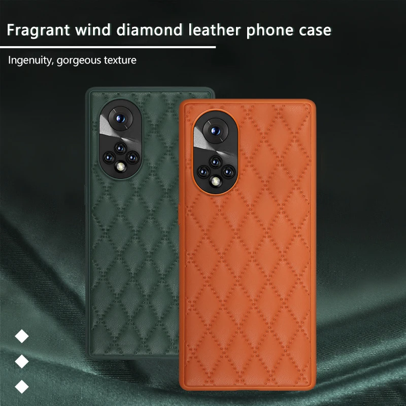 

Luxury Fashion Rhombus Lattice Phone Case Soft Artificial Leather Cover Anti-fall Lens Protective Shell For Huawei Honor 50 Pro